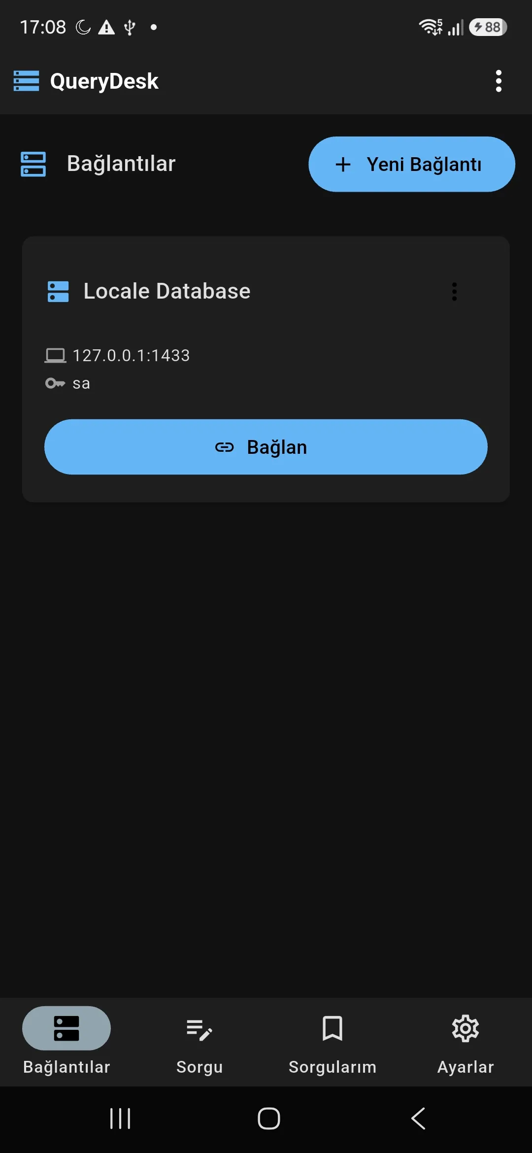 Bağlantılar ekranı — kayıtlı sunucu profili, adres ve kullanıcı bilgisiyle listeleniyor