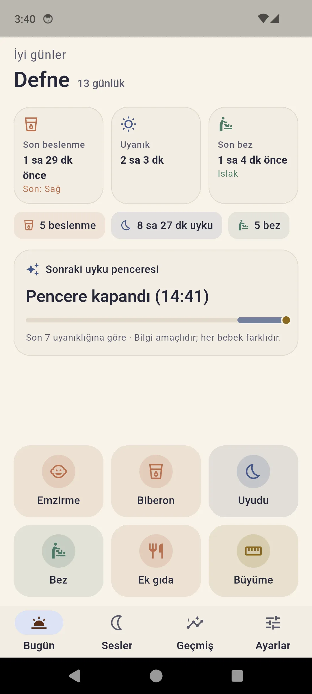 Bugün — son beslenme, uyanıklık süresi, son bez ve sıradaki uyku penceresi