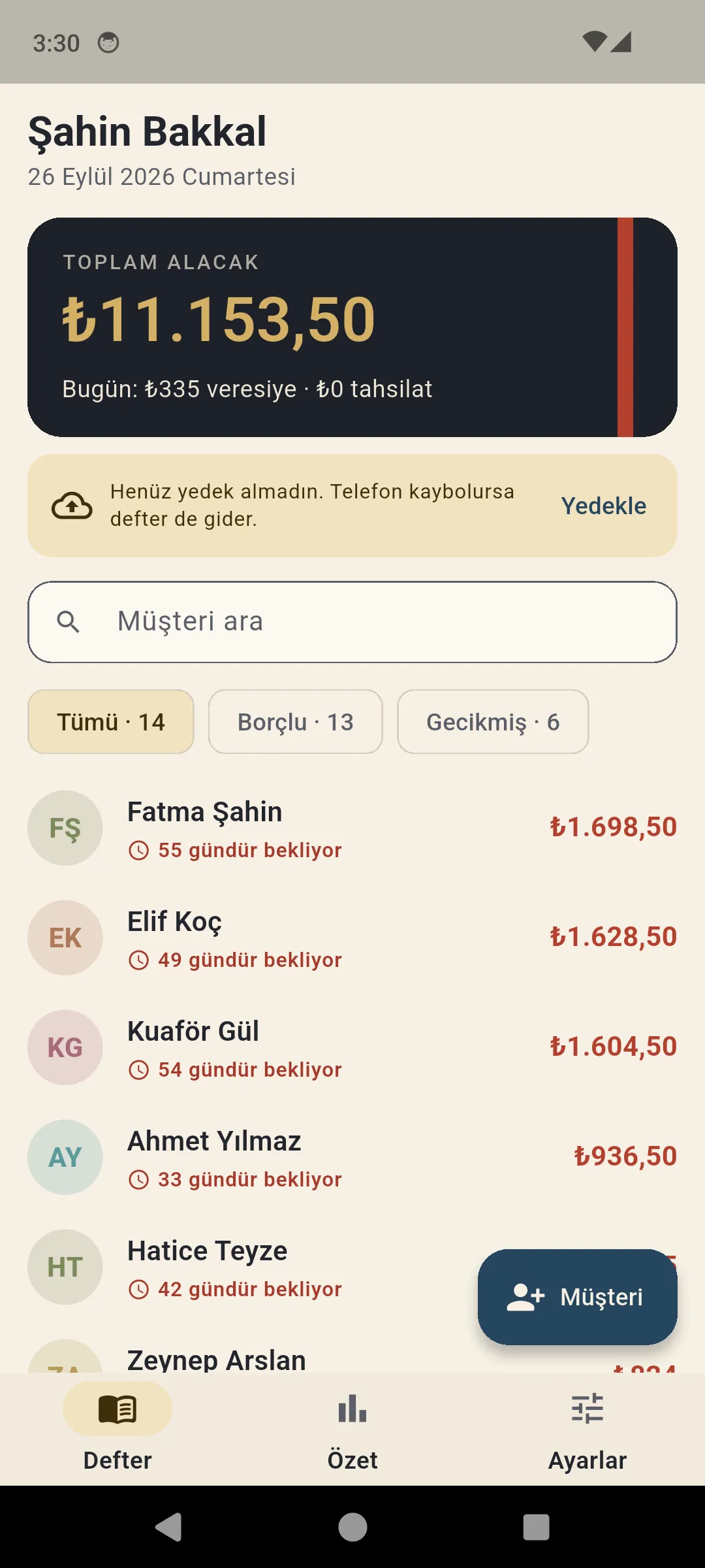 Defter — toplam alacak, kim ne kadar ve kaç gündür bekliyor