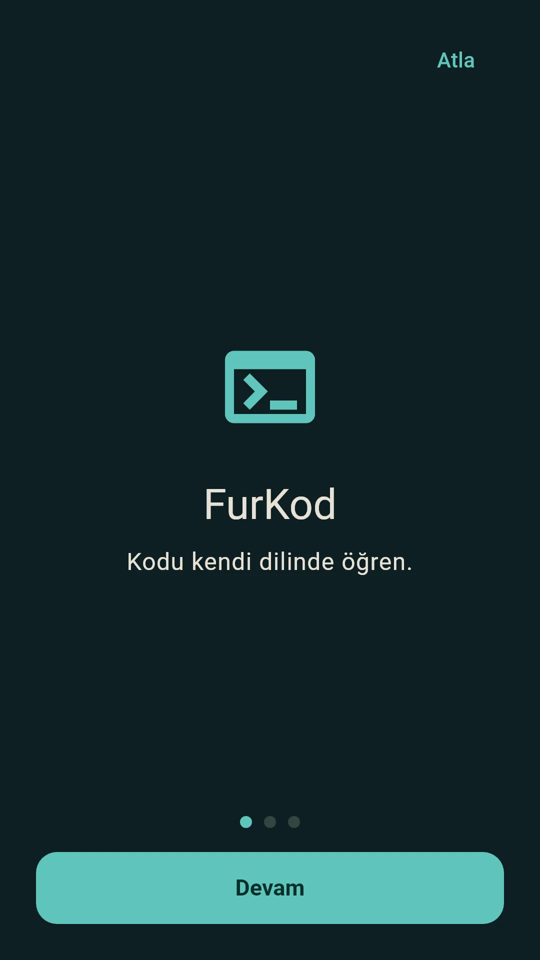 İlk açılış karşılaması — uygulama adı, slogan ve devam düğmesi