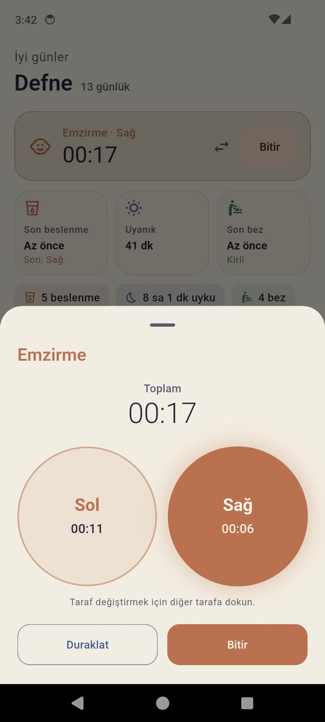 Emzirme — iki büyük düğme, taraf başına süre