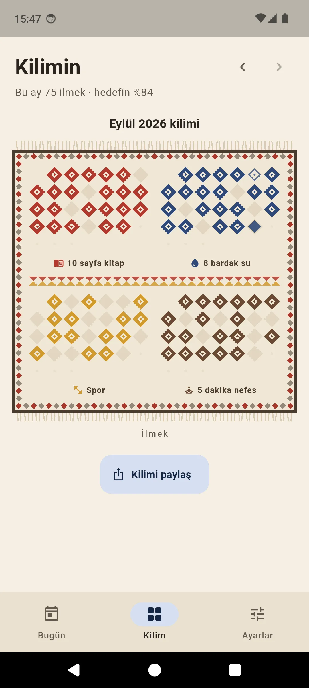 Kilim — ayın bütün alışkanlıkları tek desende, paylaşmaya hazır