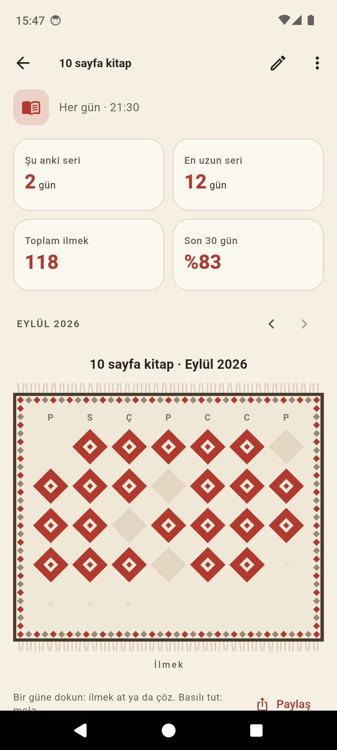 Alışkanlık detayı — şu anki seri, en uzun seri ve ayın kilimi