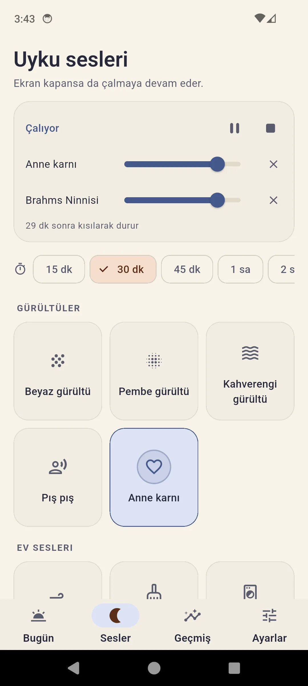 Uyku sesleri — karıştırılabilir sesler, ekran kapalıyken de çalıyor