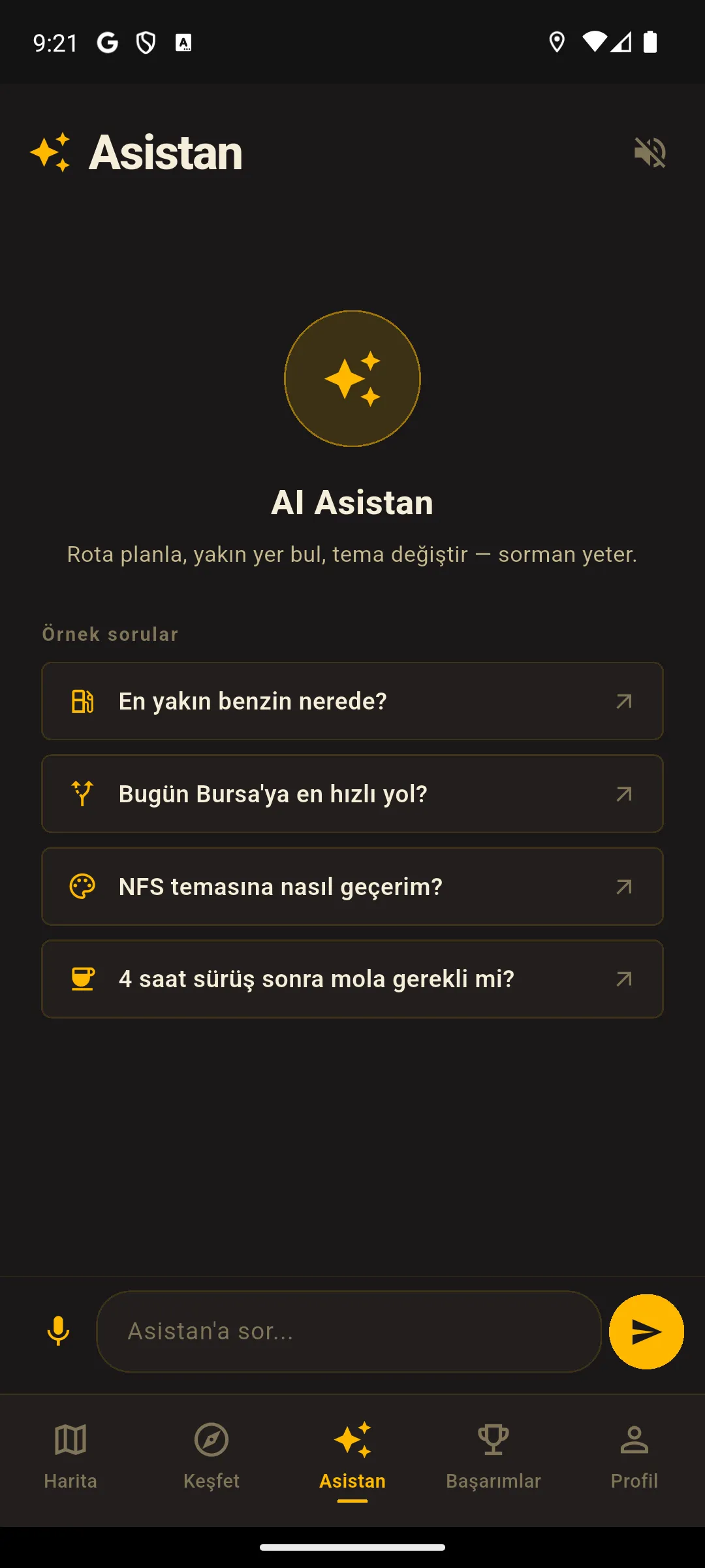 AI Asistan — doğal dille rota planlama ve yakın yer bulma, örnek sorularla