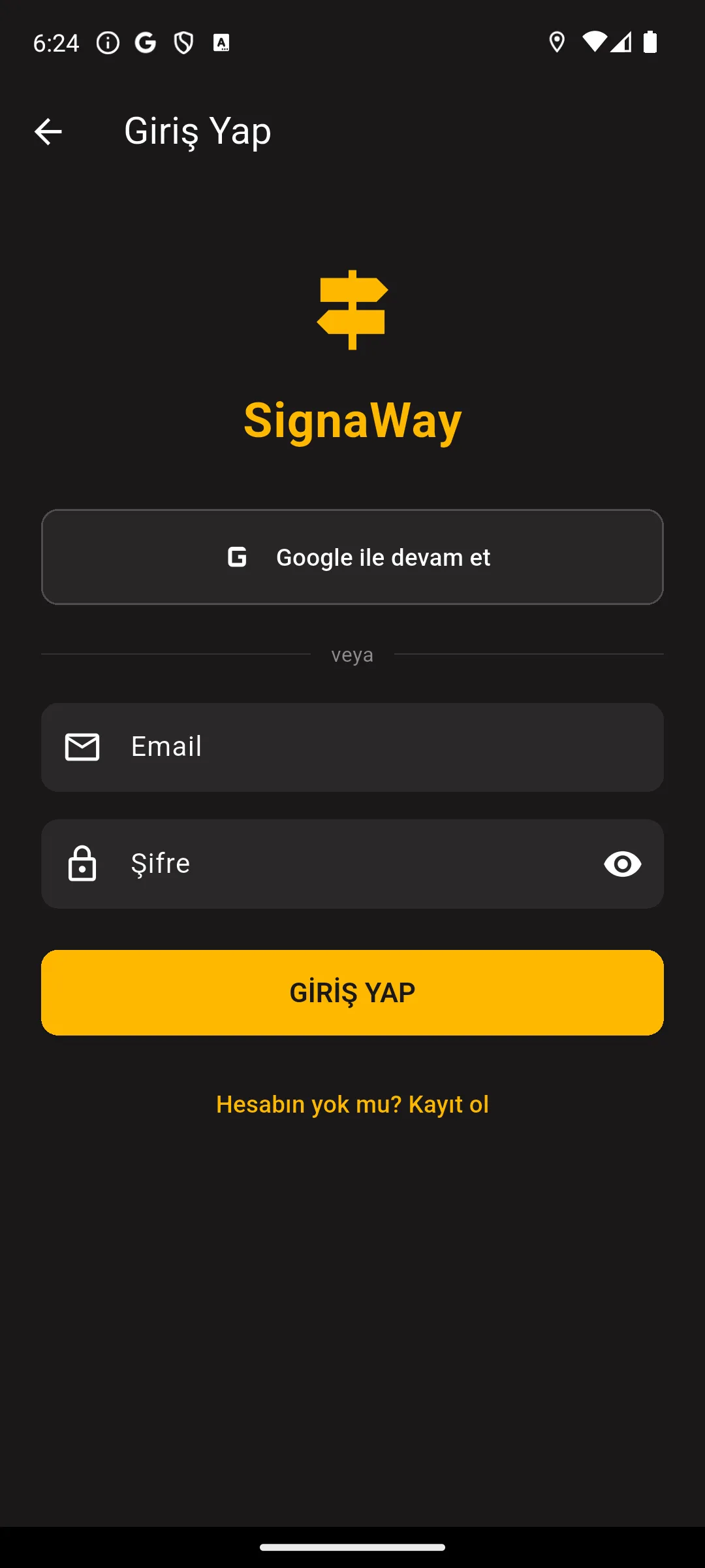 Giriş ekranı — Google ile devam et ya da e-posta ile giriş