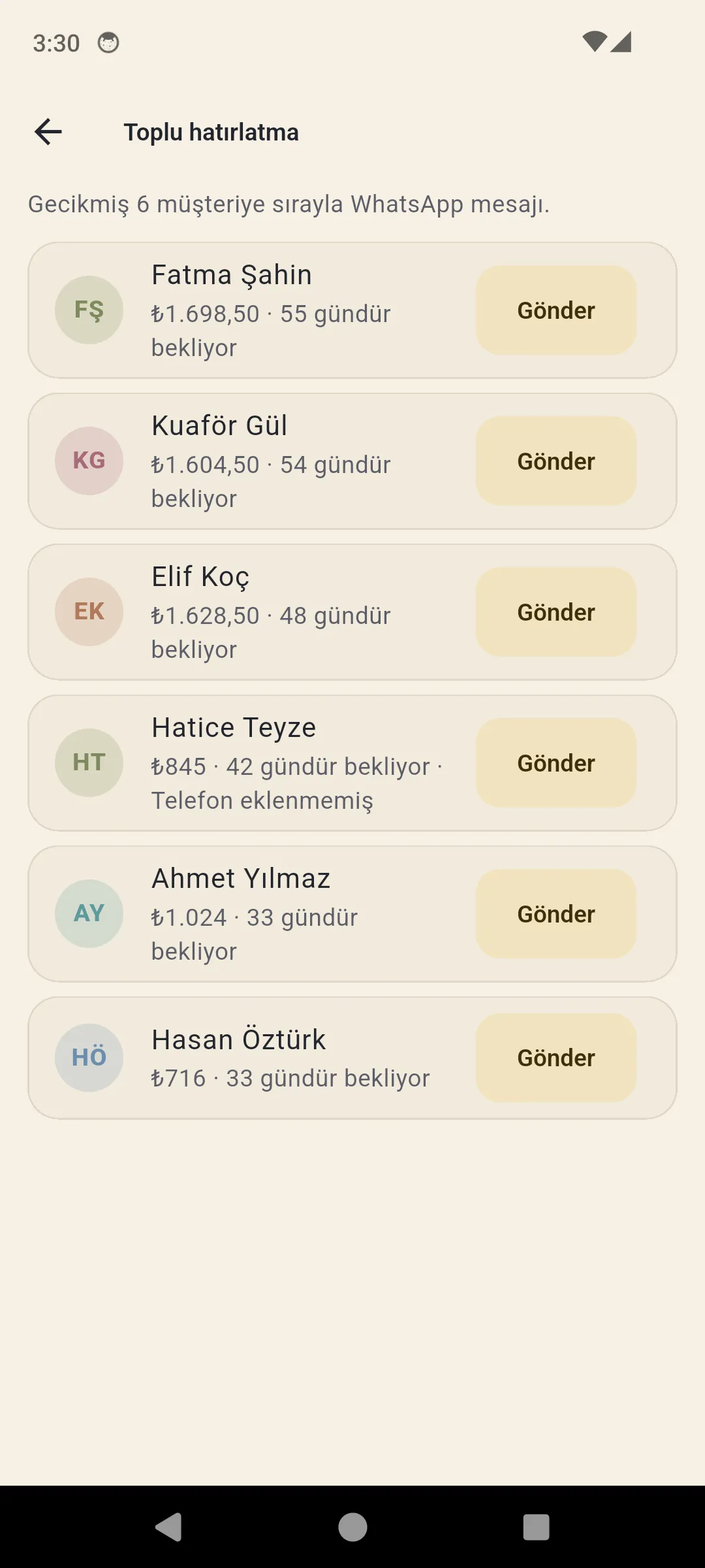 Toplu hatırlatma — gecikmiş müşterilere sırayla WhatsApp mesajı